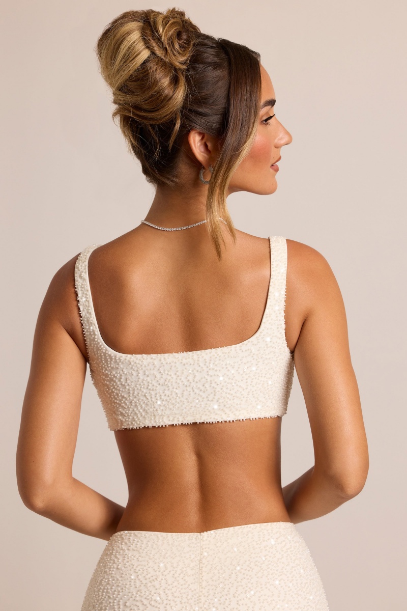 White Women's Oh Polly Embellished Square Neck Bra | 56910PMZH