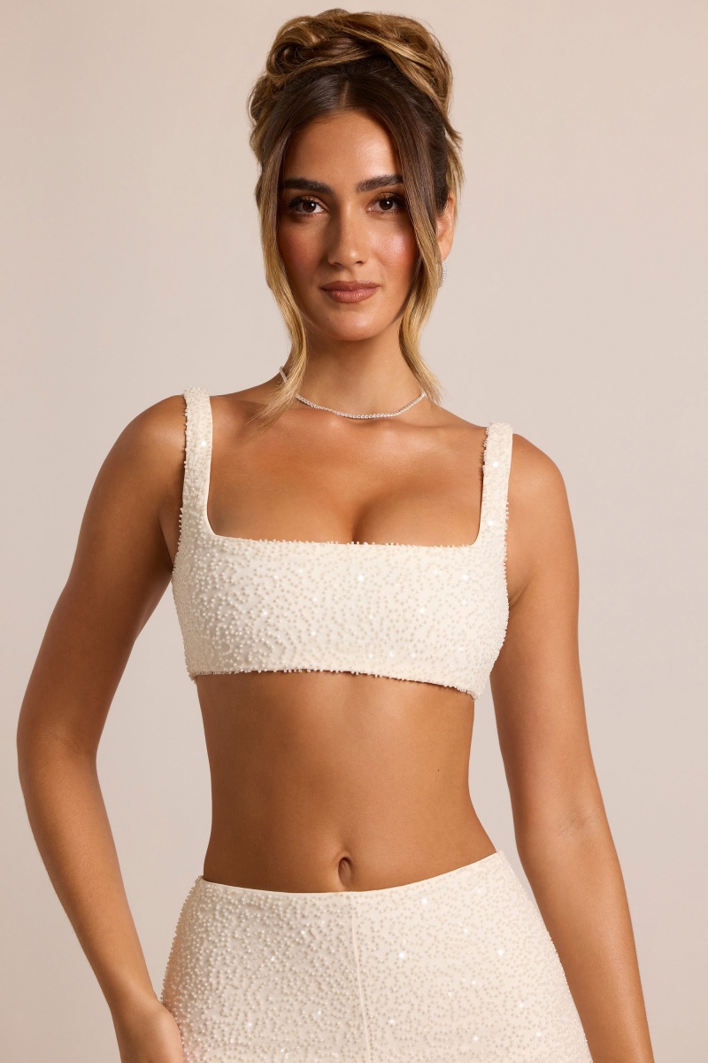 White Women\'s Oh Polly Embellished Square Neck Bra | 56910PMZH