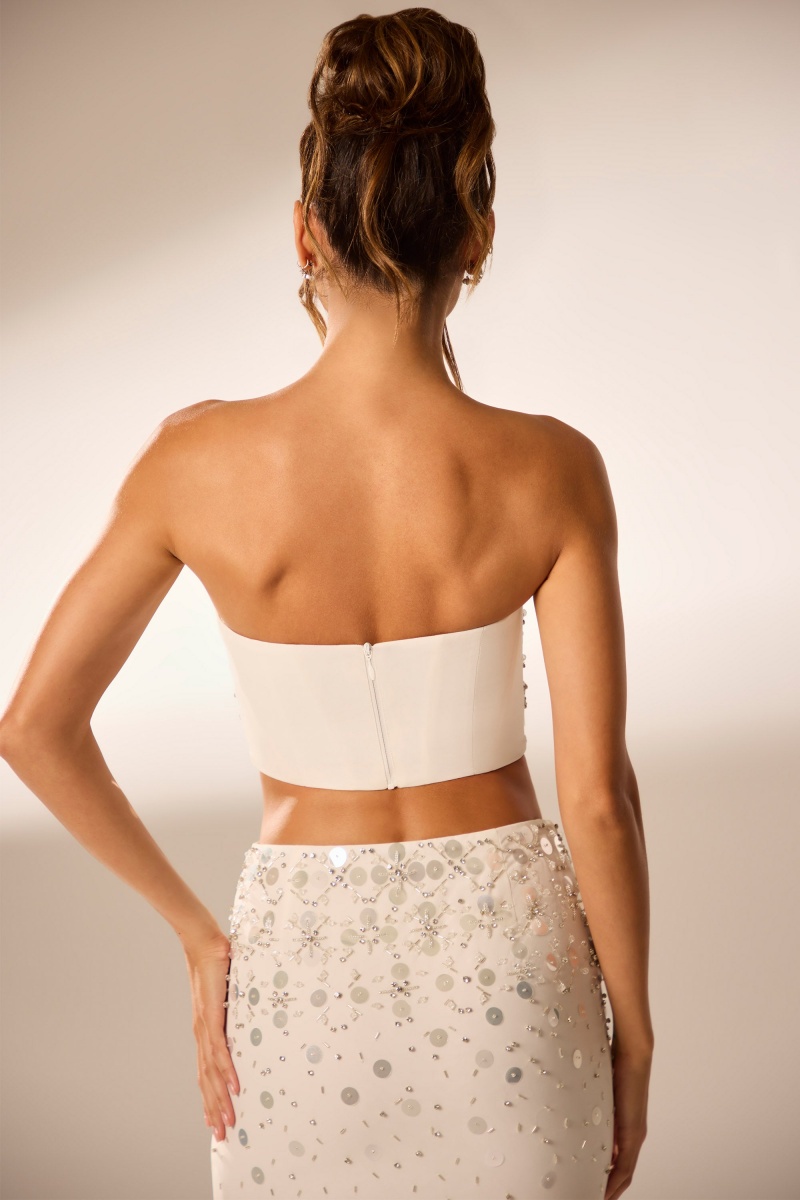 White Women's Oh Polly Hand Embellished Bandeau Corset Crop Tops | 03247CVPH