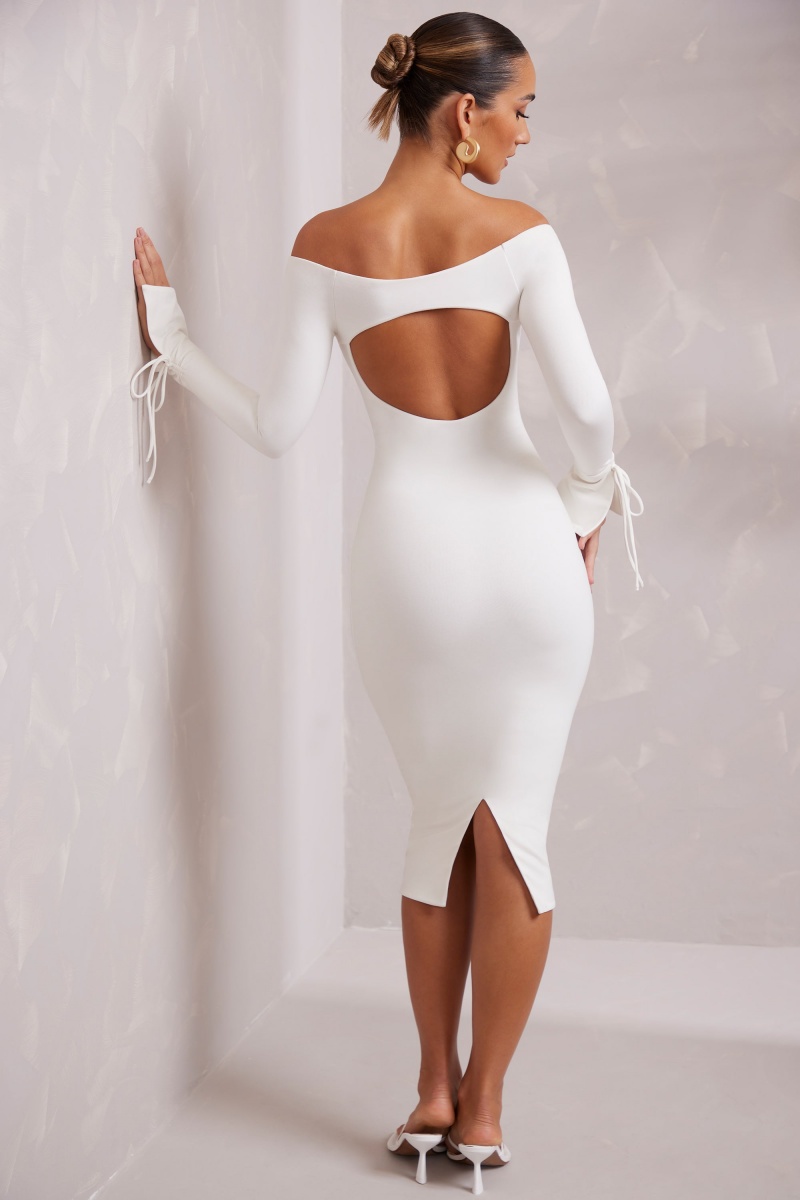 White Women's Oh Polly Long Sleeve Off The Shoulder Midi Dress | 42591FBYG