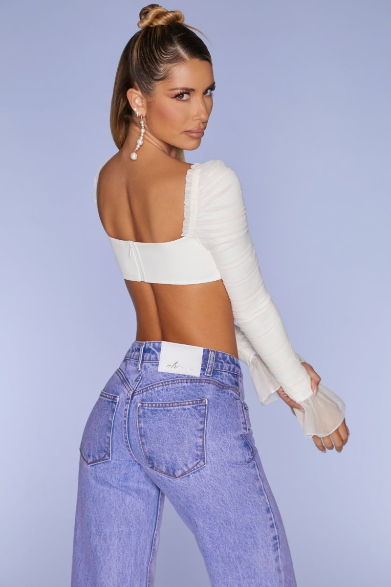 White Women's Oh Polly Long Sleeve Ruched Crop Tops | 65387IKCH