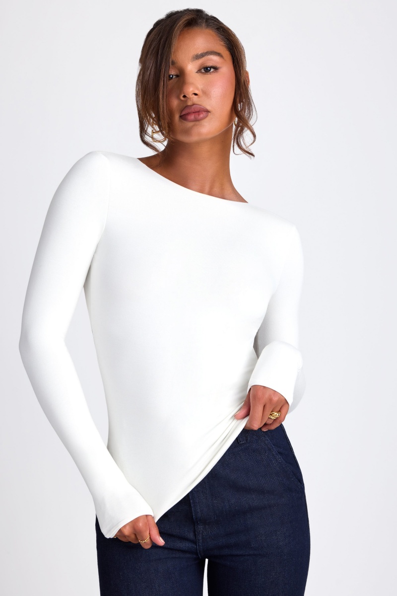 White Women's Oh Polly Modal High Neck Long Sleeve Open Back Tops | 62571BUZN