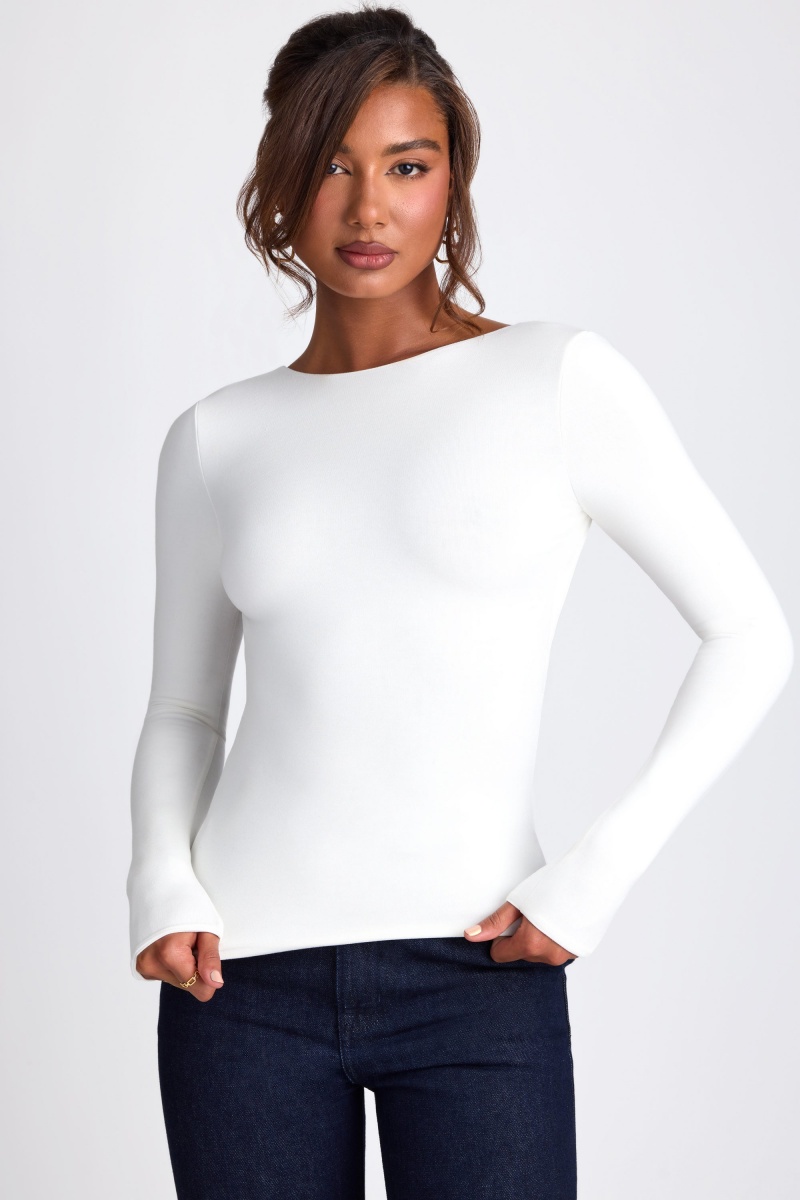 White Women's Oh Polly Modal High Neck Long Sleeve Open Back Tops | 62571BUZN