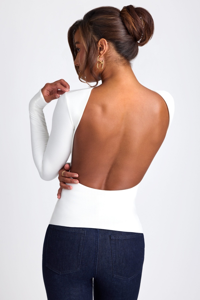 White Women's Oh Polly Modal High Neck Long Sleeve Open Back Tops | 62571BUZN