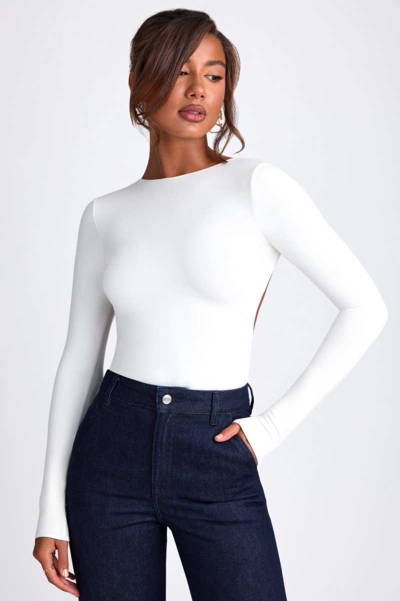 White Women\'s Oh Polly Modal High Neck Long Sleeve Open Back Tops | 62571BUZN