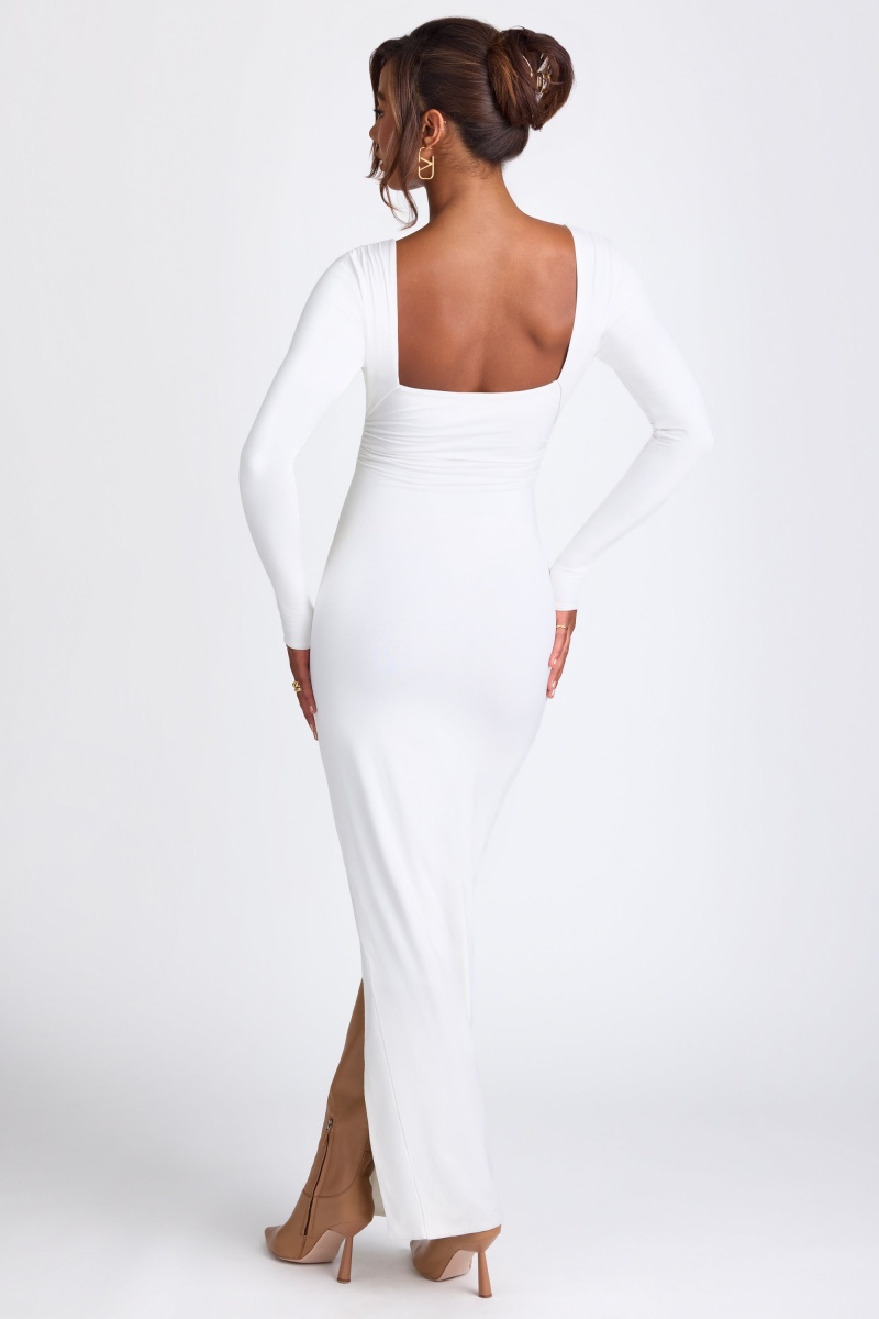 White Women's Oh Polly Modal Plunge Neck Long Sleeve Maxi Dress | 70152LQDE