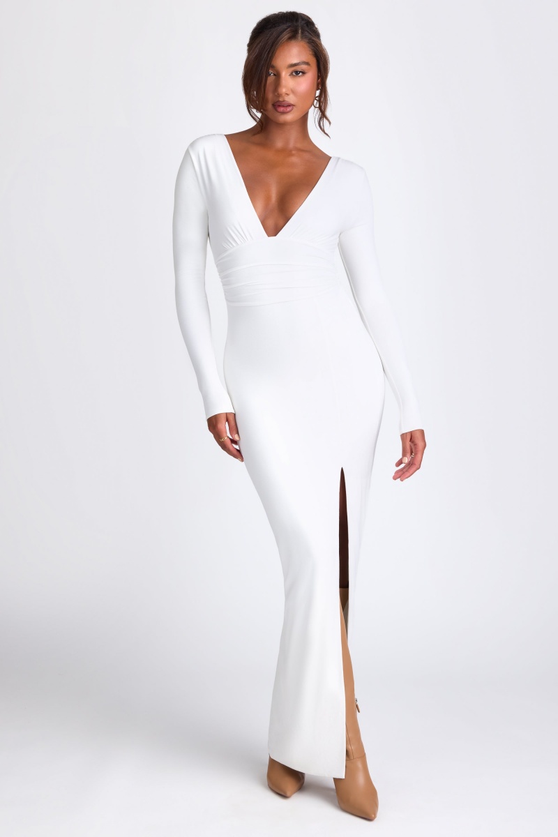 White Women\'s Oh Polly Modal Plunge Neck Long Sleeve Maxi Dress | 70152LQDE