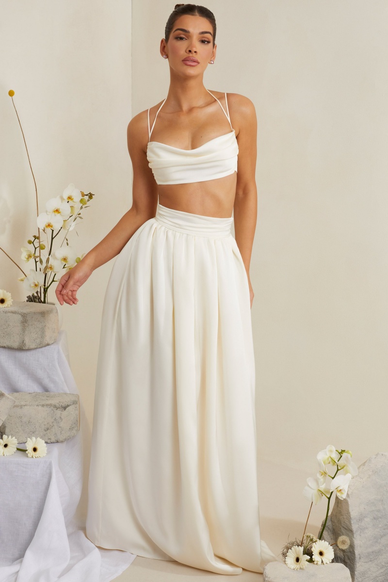 White Women's Oh Polly Pleated Heavy Satin Maxi Skirts | 23174LRKA