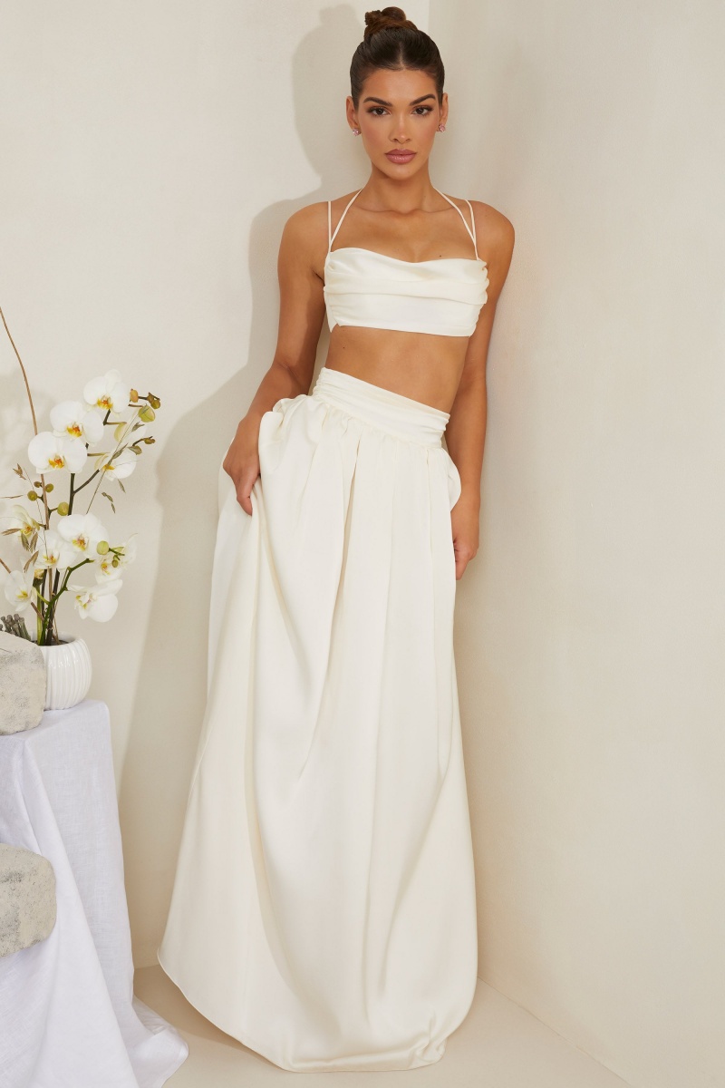 White Women's Oh Polly Pleated Heavy Satin Maxi Skirts | 23174LRKA