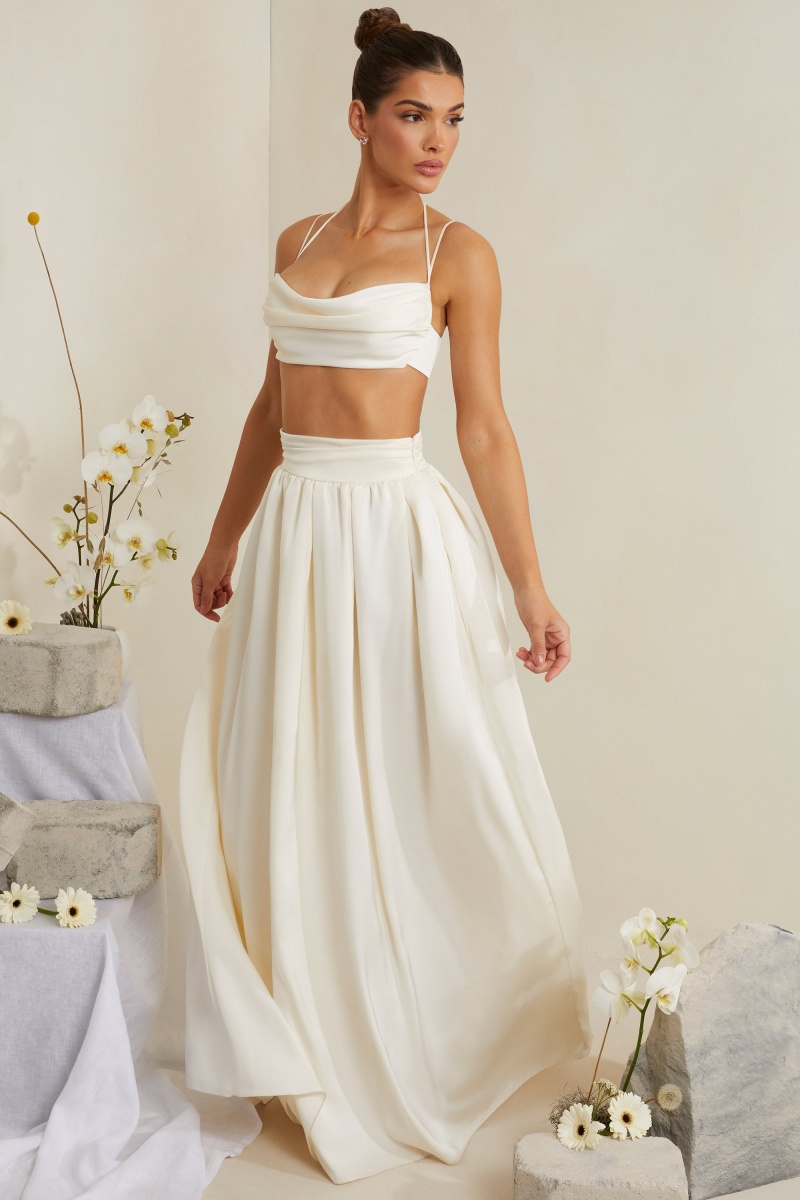 White Women\'s Oh Polly Pleated Heavy Satin Maxi Skirts | 23174LRKA