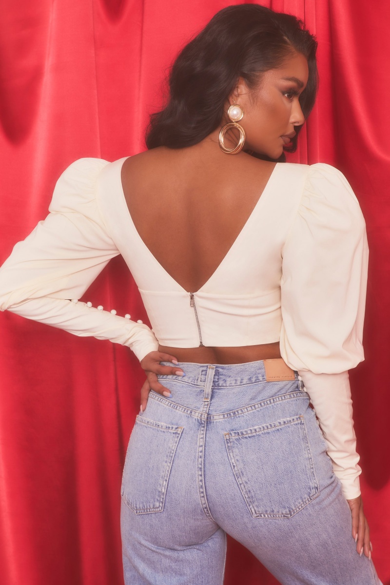 White Women's Oh Polly Plunge Neck Puff Sleeve Crop Tops | 12749LRXW