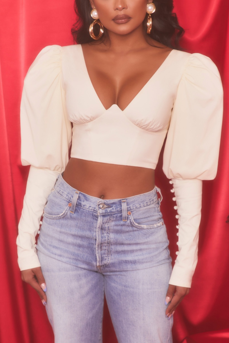 White Women's Oh Polly Plunge Neck Puff Sleeve Crop Tops | 12749LRXW