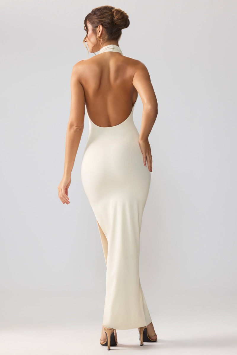 White Women's Oh Polly Premium Jersey Cowl Neck Backless Maxi Dress | 81745NHVJ