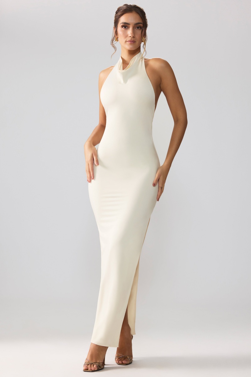 White Women's Oh Polly Premium Jersey Cowl Neck Backless Maxi Dress | 81745NHVJ