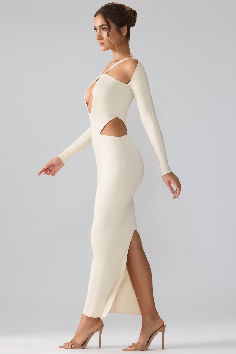 White Women's Oh Polly Premium Jersey Long Sleeve Cut Out Maxi Dress | 14697NJWS