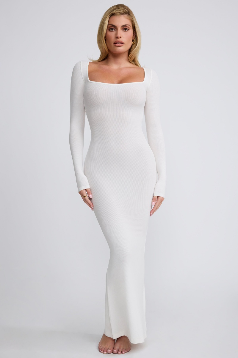 White Women's Oh Polly Ribbed Modal Long Sleeve Maxi Dress | 57243ANVZ