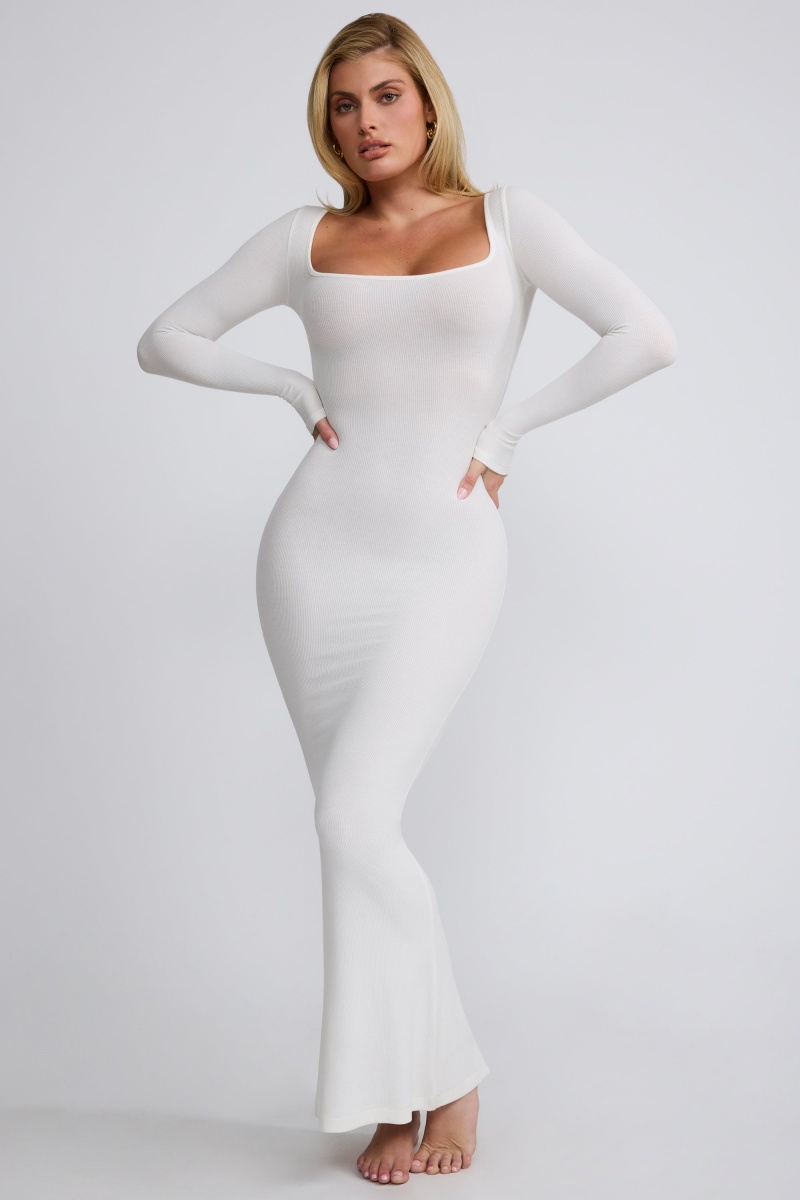 White Women's Oh Polly Ribbed Modal Long Sleeve Maxi Dress | 57243ANVZ