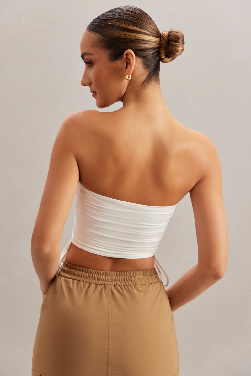 White Women's Oh Polly Ruched Bandeau Crop Tops | 65028UGNF