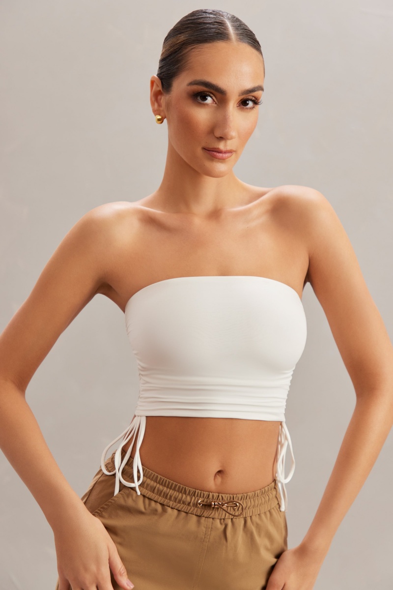 White Women\'s Oh Polly Ruched Bandeau Crop Tops | 65028UGNF