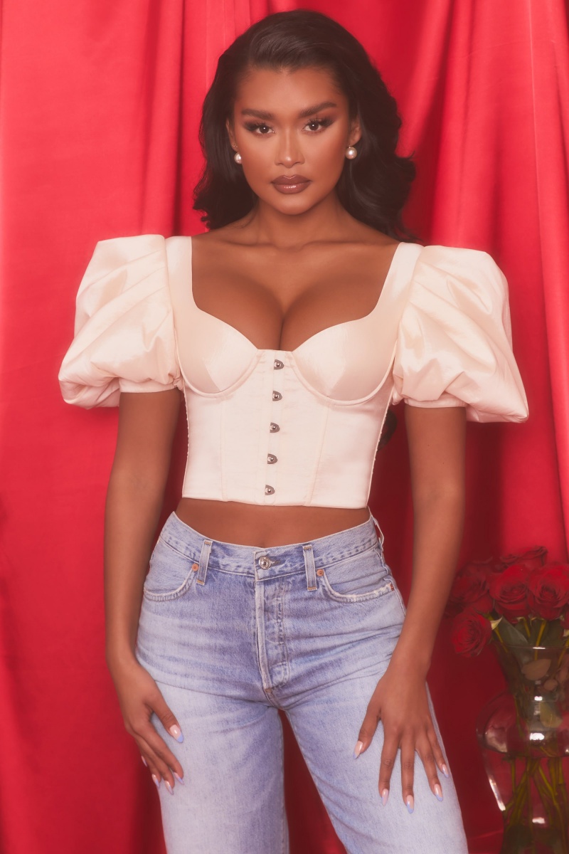 White Women's Oh Polly Short Puff Sleeve Corset Crop Tops | 85407ZPDA