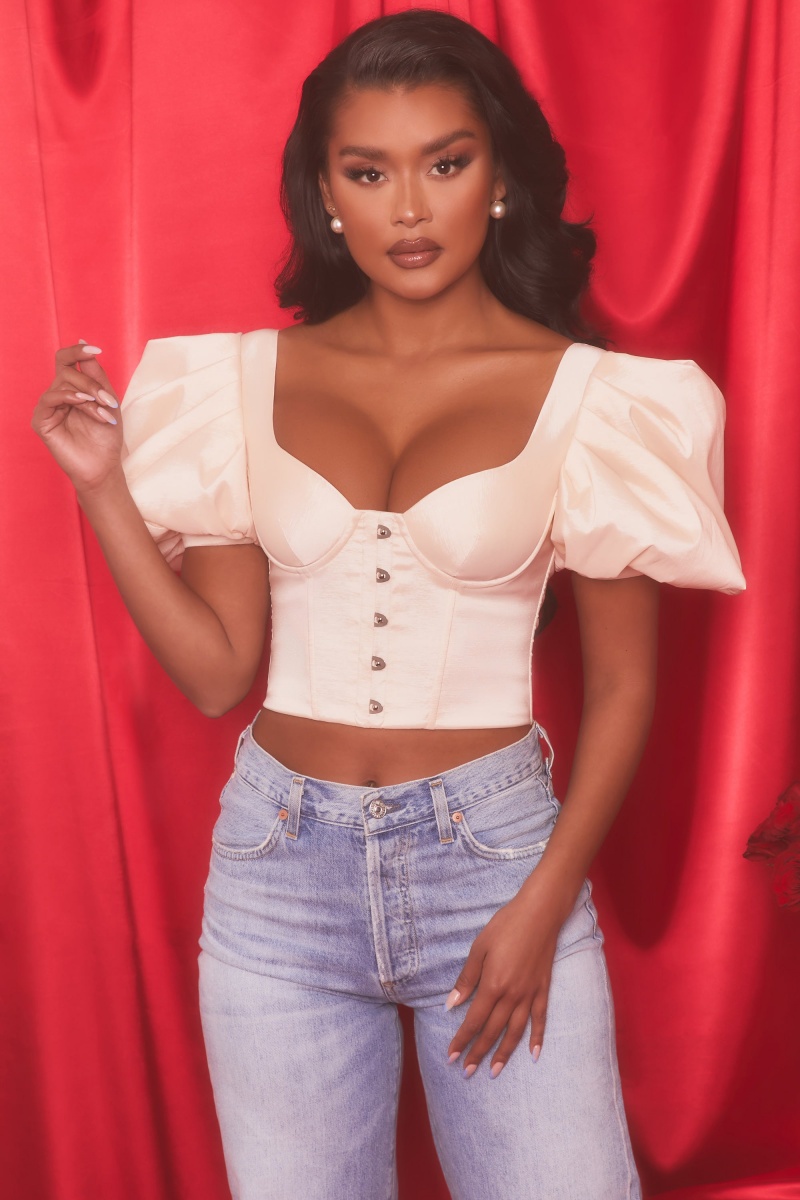 White Women's Oh Polly Short Puff Sleeve Corset Crop Tops | 85407ZPDA