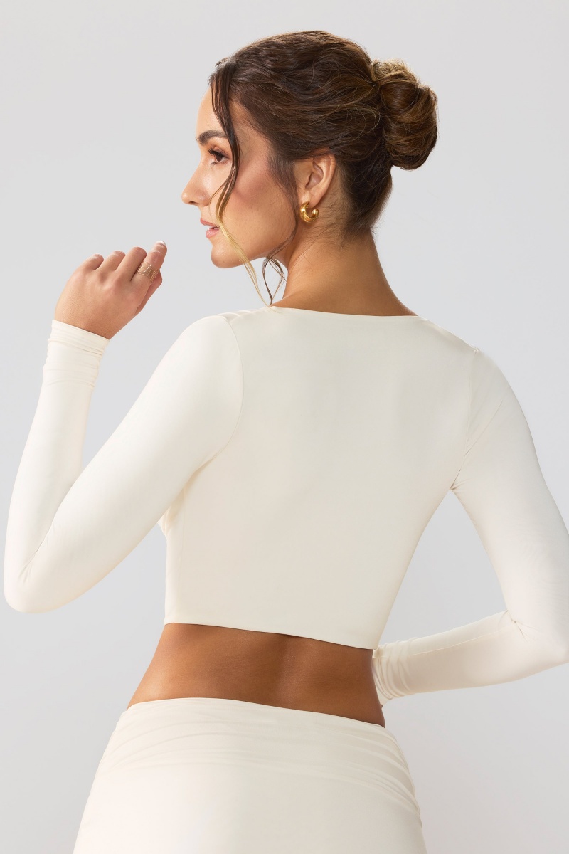 White Women's Oh Polly Slinky Jersey Plunge Neck Long Sleeve Crop Tops | 85076PHSW