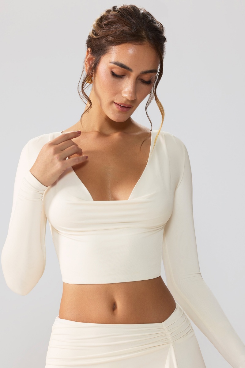 White Women's Oh Polly Slinky Jersey Plunge Neck Long Sleeve Crop Tops | 85076PHSW