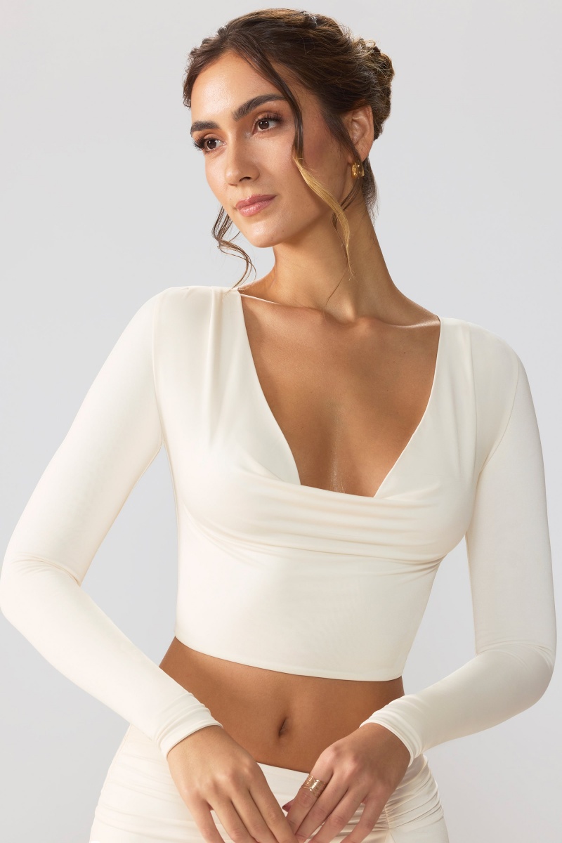 White Women's Oh Polly Slinky Jersey Plunge Neck Long Sleeve Crop Tops | 85076PHSW