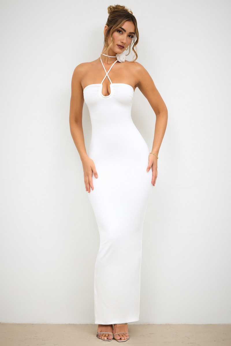 White Women's Oh Polly Slinky Jersey Rose Detail Halter Neck Maxi Dress | 53908VJCR