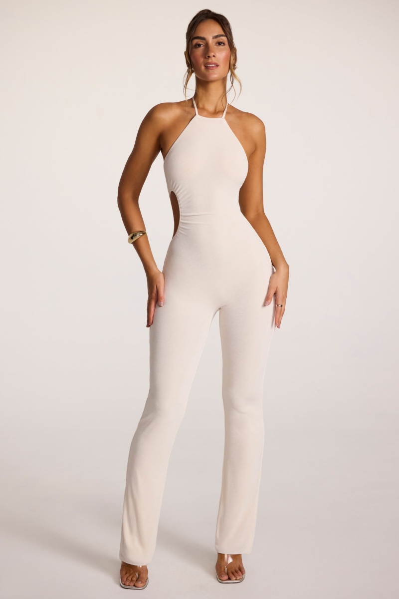 White Women's Oh Polly Textured Jersey Halter Neck Ruched Cut Out Jumpsuit | 25309KHRT