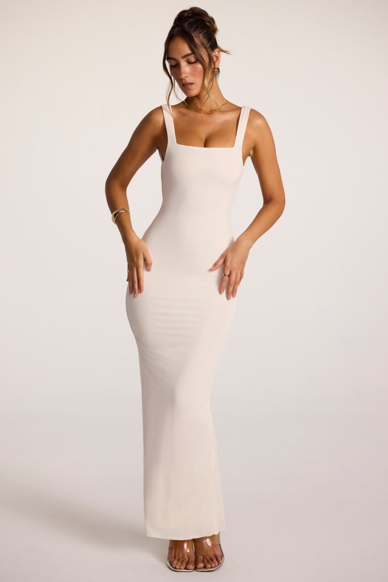 White Women's Oh Polly Textured Jersey Square Neck Cowl Back Maxi Dress | 93187GHZU