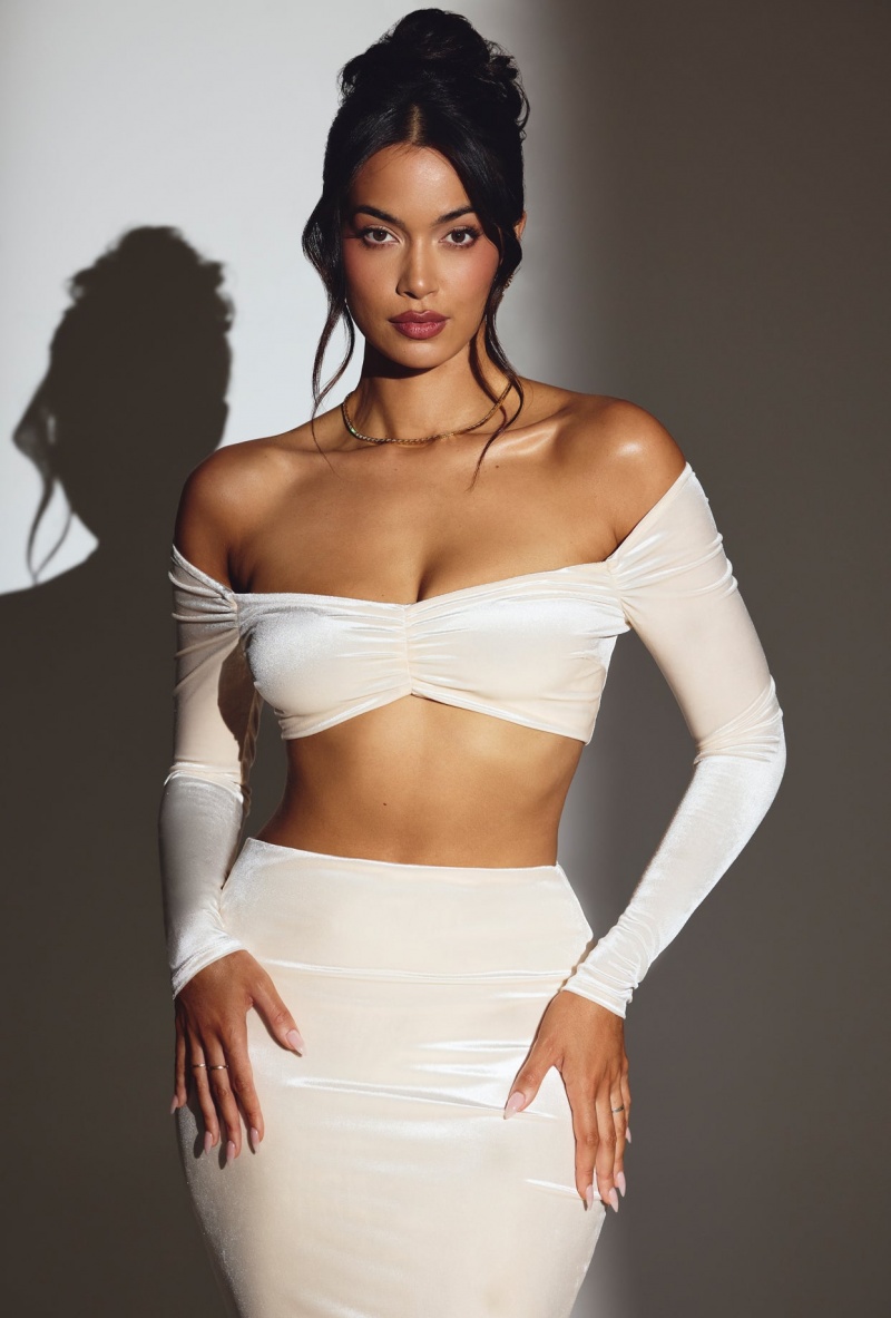 White Women's Oh Polly Velvet Off The Shoulder Ruched Crop Tops | 91546LTFE